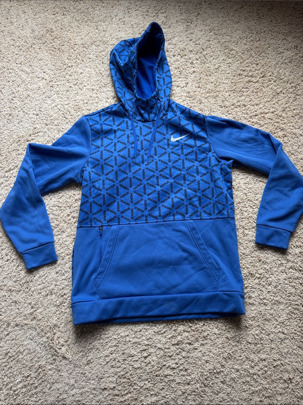 Nike Royal Blue Hooded Pullover therma fit Sweatshirt with Geometric Print